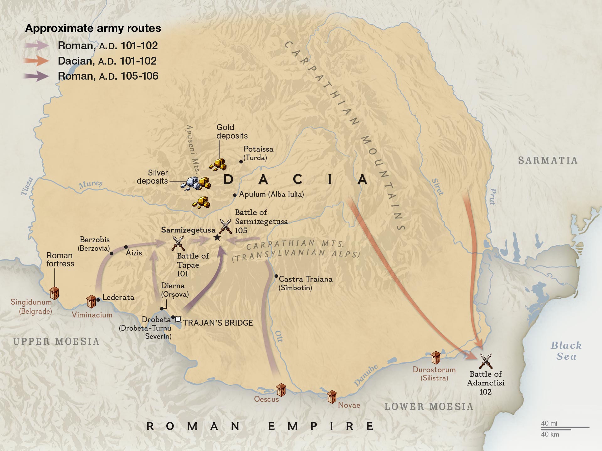 Map of the routes Roman and Dacian armies took during the Dacian Wars